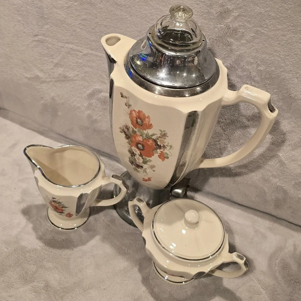 Vintage Anchor-Ware Floral Poppy Ceramic Coffee Percolator Sugar Creamer Set